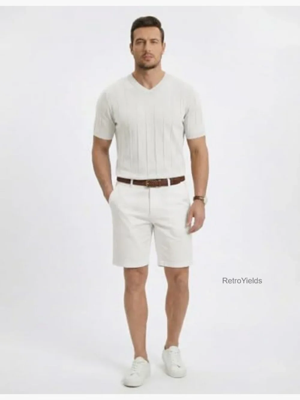 Mens V Neck Knit Shirt Short Sleeve Ribbed Pullover Casual T Shirt - Picture 6 of 7